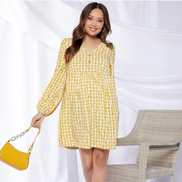 SHEIN Dresses Yellow And White Long Sleeve Flower Maternity Dress